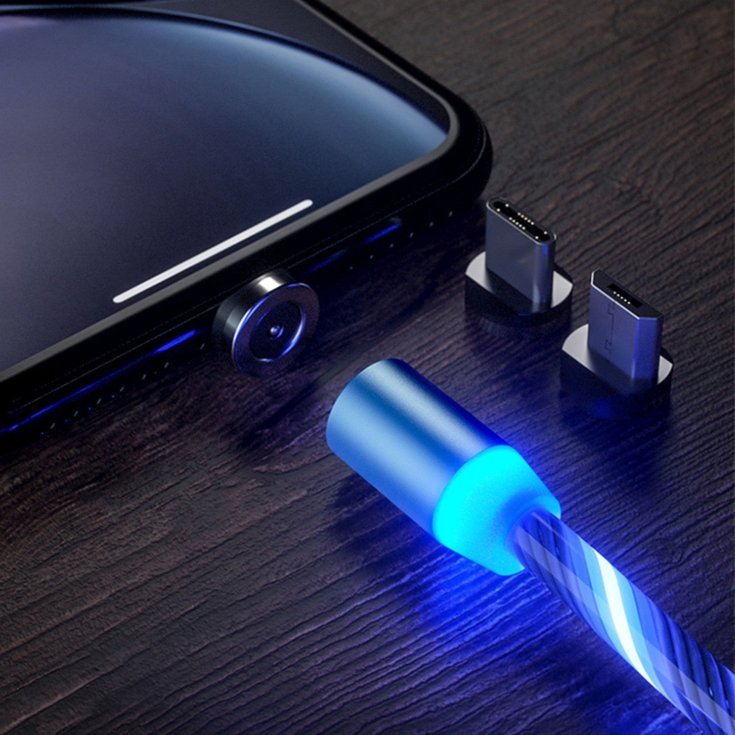 Blue Magnetic LED Charging Cable With USB-C, Micro USB and Lightning Connector Plugs