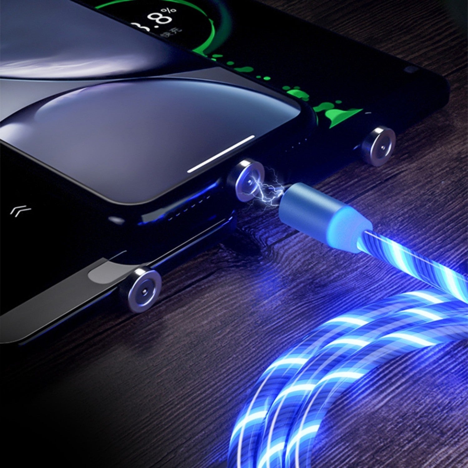 Blue Magnetic LED Phone Charger That Is Charging Three Mobile Phones
