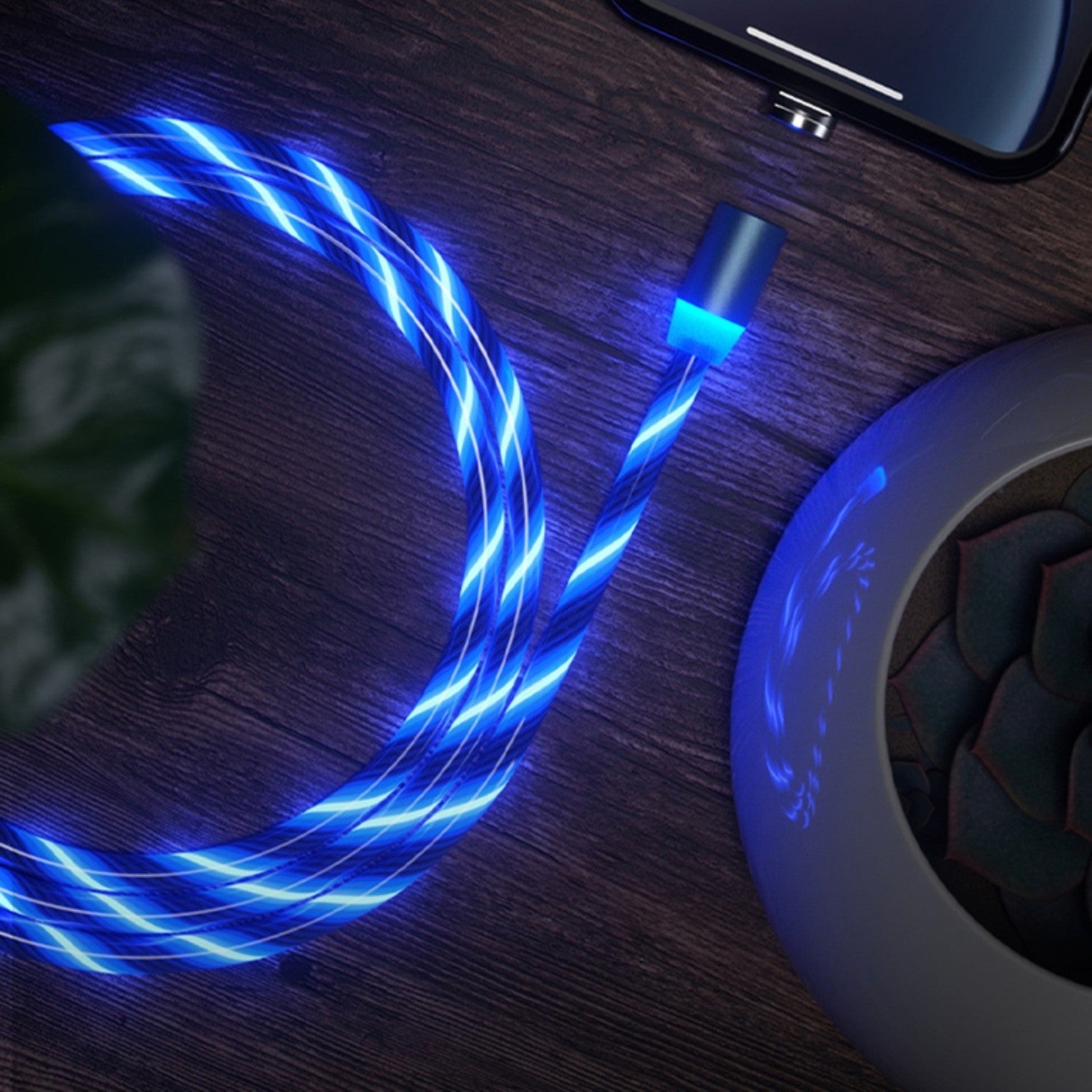 Blue Magnetic LED Phone Charger Near Plants