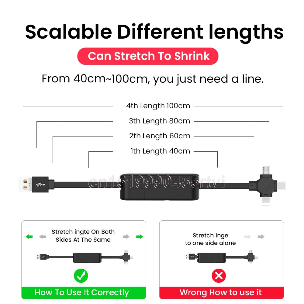 4-in-1 Retractable USB Charging Cable: Micro-USB, USB-C & Lightning